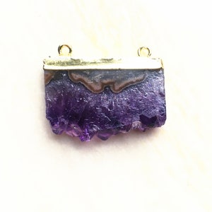 Natural Amethyst Agate Druzy slice Pendants, Amethyst Crystal Quartz Druzy Double Bail Connector Pendant with Electroplated Gold B854