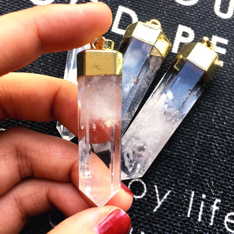 Raw Rock Crystal Point Pendant Natural Beautiful Crystal Gold Electroplated Pendant PC-0382