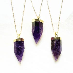 Natural Amethyst Healing Stone Crystal Quartz Petite Spike Charm Pendant with Gold Plated, Large Amethyst Point Pendant Necklace