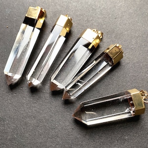 HIGH QUALITY Large Polished Rock Crystal Quartz Point Pendant with Electroplated 24k Gold Cap and Bail, Silver plated