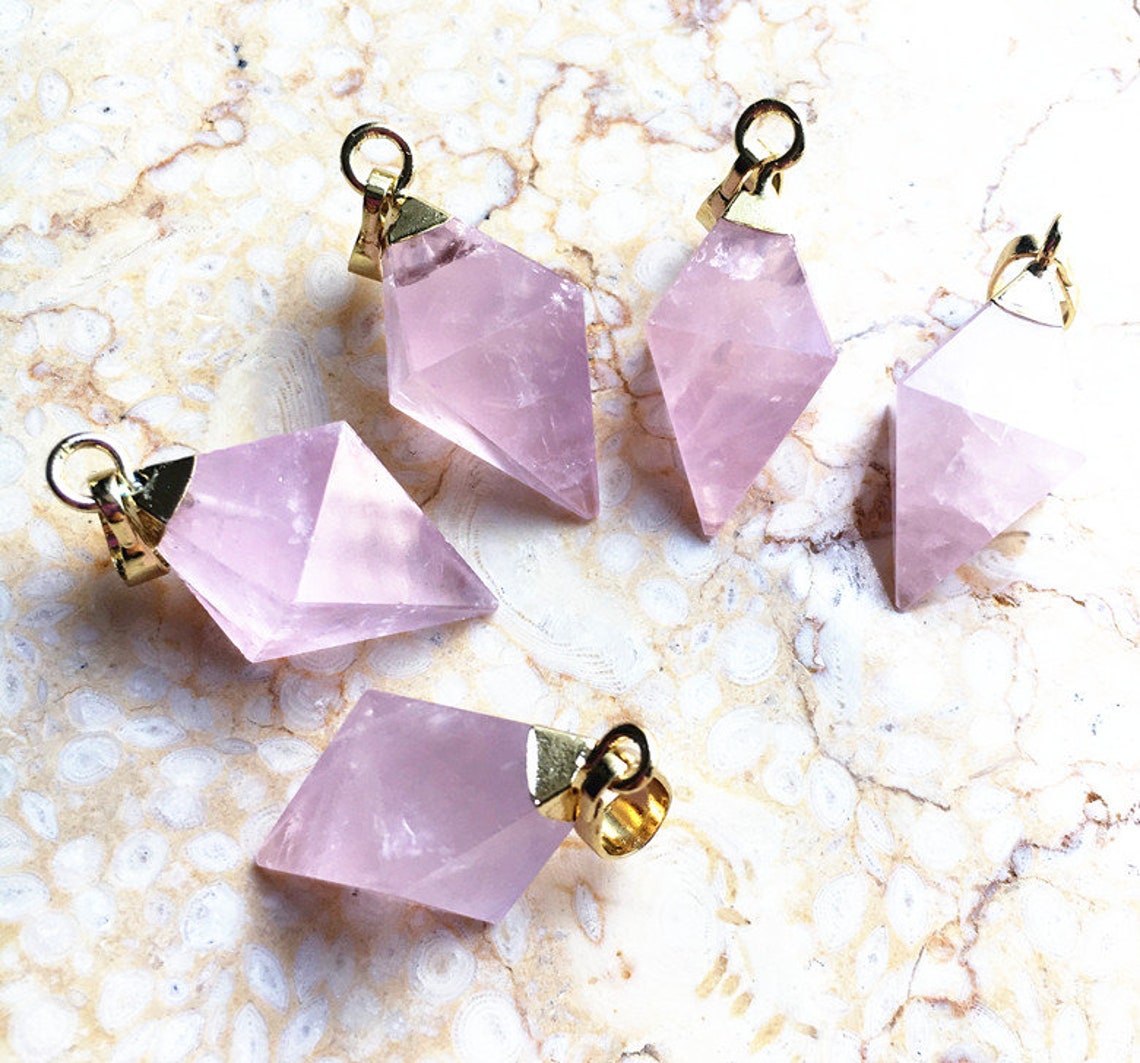 Natural Rose Crystal Quartz Charm Pendant with Gold Etsy