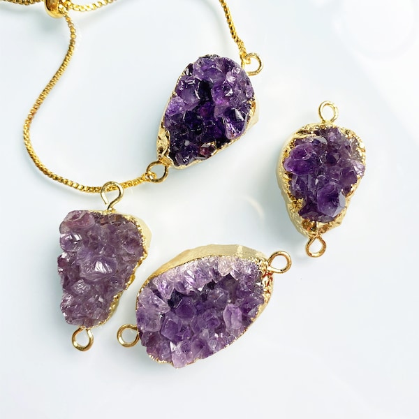 Raw Amethyst Bracelet // Gold Amethyst Connector // Amethyst Druzy // Natural Amethyst Gemstone with Double Bail DF695