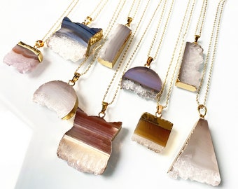 Natural Agate Geode Druzy Slice Pendant Necklace with Gold Electroplated Edges, Agate geode druzy drusy druzzy Gemstone 5 Styles for choose