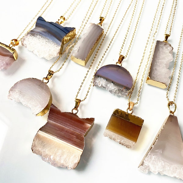 Natural Agate Geode Druzy Slice Pendant Necklace with Gold Electroplated Edges, Agate geode druzy drusy druzzy Gemstone 5 Styles for choose