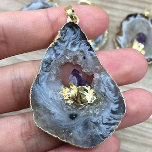 Natural Raw Amethyst Geode Agate Druzy Slice Pendants with Gold Electroplated, Silver Amethyst Geode Druzy // Wholesale price 1, 3, 5 B889 image 7