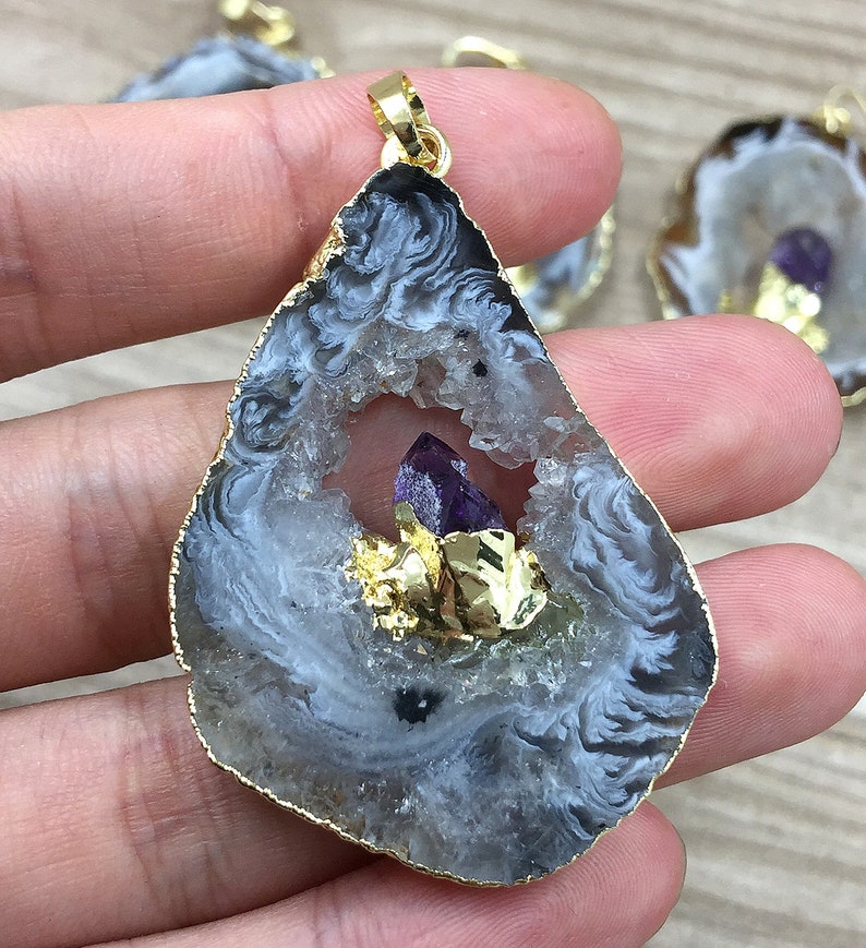 Natural Raw Amethyst Geode Agate Druzy Slice Pendants with Gold Electroplated, Silver Amethyst Geode Druzy // Wholesale price 1, 3, 5 B889 image 7