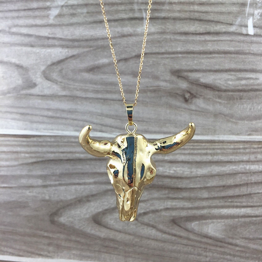 FULL GOLD Plated Longhorn Horn Cattle Pendant Necklace Etsy