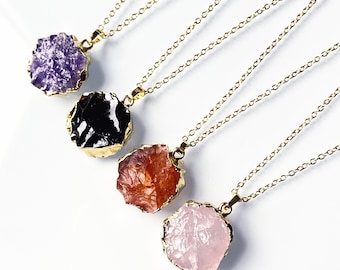 Natural Round Gemstone Quartz Slice Pendant Necklace, Rose quartz, Amethyst, Black Obsidian, Carnelian Healing Crystal Charms Jewelry