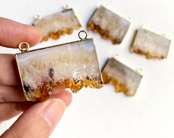 Natural Citrine slice Pendant // Citrine Druzy Connector Charm // Quartz Druzy Pendant electroplated gold // Irregular stone jewelry B878