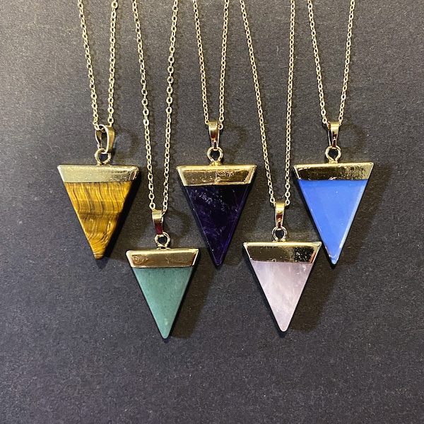 7 Gemstone for choose, Crystal Quartz Triangle Pendant Necklace // Gold Triangle Pendant / Triangle Geometric Gemstone Pendant Necklace