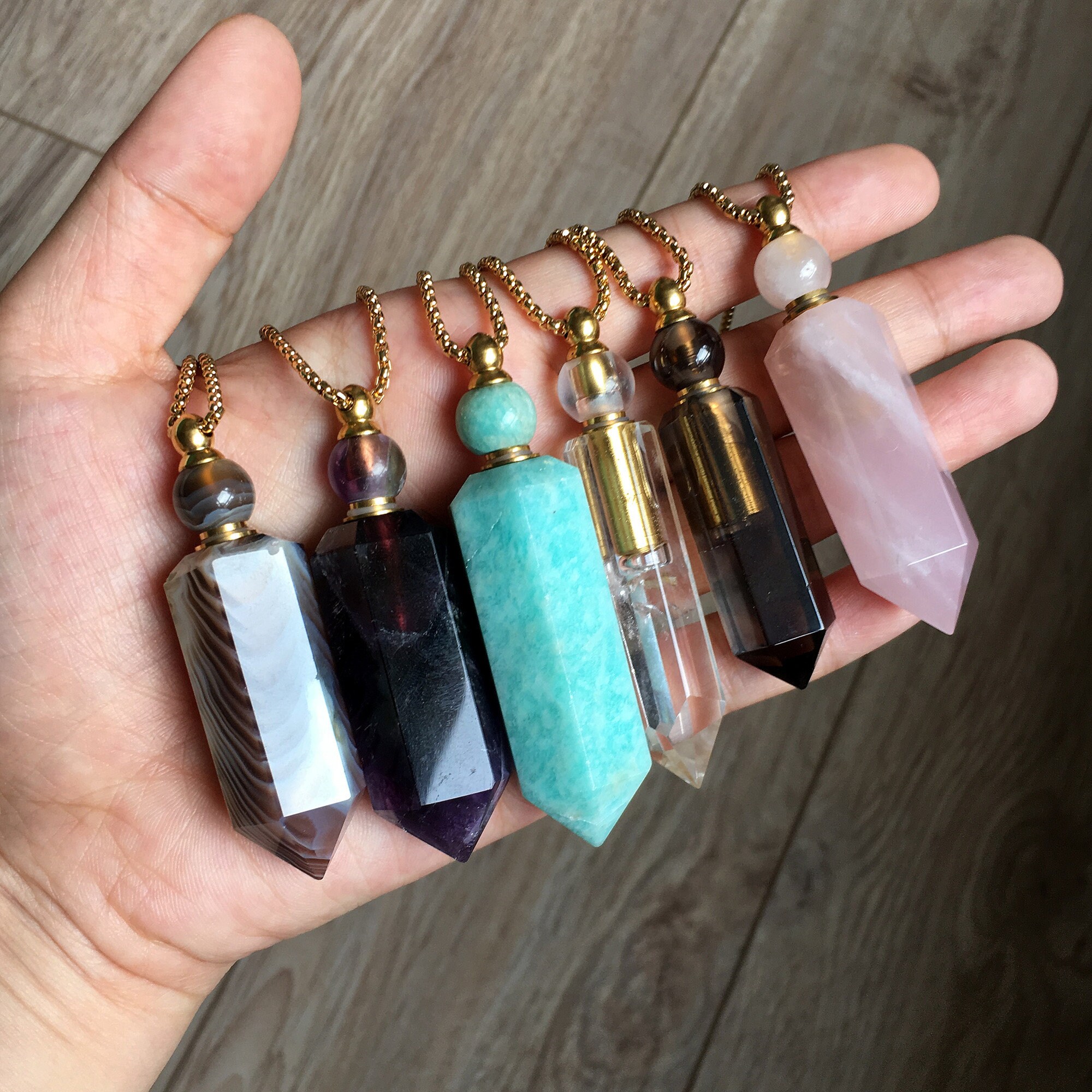 Hexagon prism Bottle Pendant Necklace, Natural Gemstone Pendant, Gold…