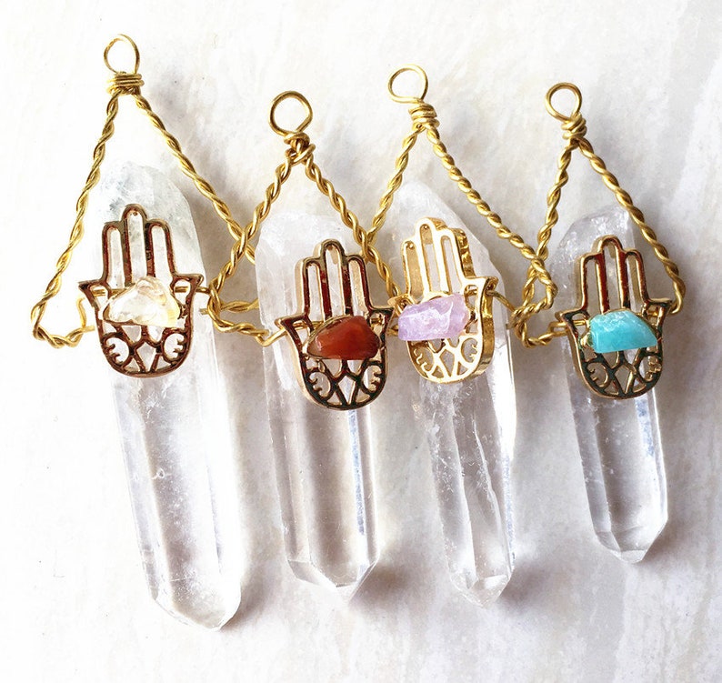 Citrine Amethyst Amazonite Long Rock Crystal Quartz Druzy Pendant with Healing Gemstone Hamsa Hand Wire Wrapped Gold Electroplated