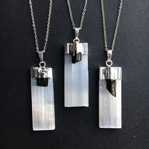 Large Slender White Selenite with Black Tourmaline Gemstone // White Selenite Pendant Necklace // Gold Plated Selenite Pendant Jewelry