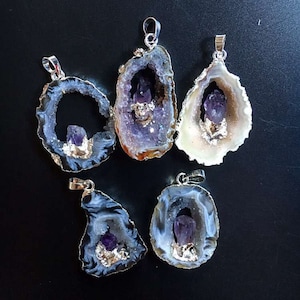 Natural Raw Amethyst Geode Agate Druzy Slice Pendants with Gold Electroplated, Silver Amethyst Geode Druzy // Wholesale price 1, 3, 5 B889 image 2