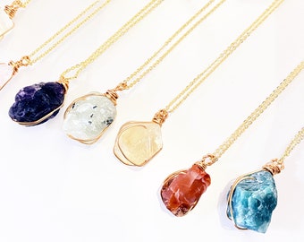 Petite Raw Gemstone Necklace, Natural Healing Stone Crystal Quartz Chakra Pendant With Gold Plated Wire Wrapped, 8 Stones YOU CAN CHOOSE