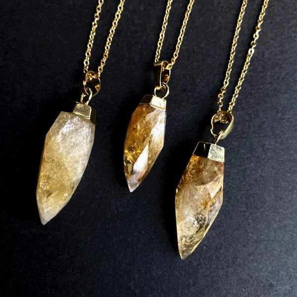 Natural Faceted Citrine Stone Pendant // Citrine Gemstone Point Pendant with Gold Electroplated Edges // Gold Quartz Chain Necklace