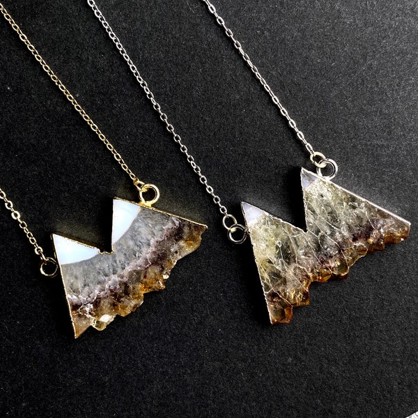 Druzy Citrine Mountain Pendant Necklace with Gold Electroplated // Silver Plated Citrine Slice Double Bail Connector Pendant Necklace Chain