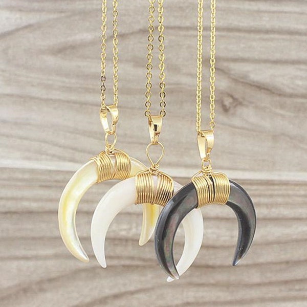 Colliers croissant de lune//collier tribal double corne de boeuf//collier de bijoux en coquillages d'ormeau double corne plaqué or