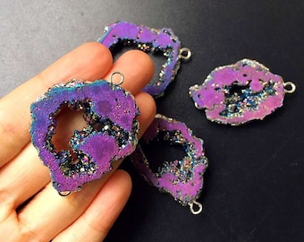 SALE Mystic bling bling Purple Rainbow Druzy Quartz Titanium Crystal Geode Druzy Double Bail Connector Pendant with Silver Plated (F5W2-13)