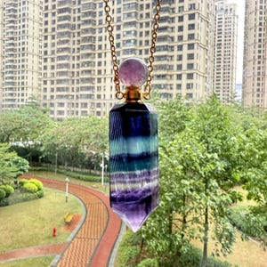 Rainbow Fluorite Hexagon prism Bottle Pendant Necklace, Natural Gemstone Chakra Crystal Quartz Perfume Bottle Pendant Necklace Jewelry