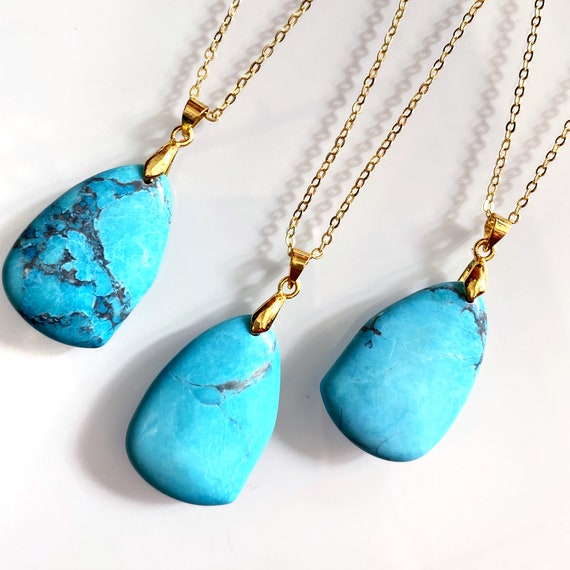 Polished Blue Turquoise Stone Pendant with Gold Bails - Turquoise Howlite Necklace Jewelry