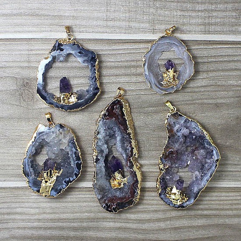 Natural Raw Amethyst Geode Agate Druzy Slice Pendants with Gold Electroplated, Silver Amethyst Geode Druzy // Wholesale price 1, 3, 5 B889 image 1