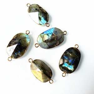 Natural Labradorite Stone Connectors, Faceted Oval Shaped Pyramid Labradorite Double Bails Pendant Connector with Gold Electroplated