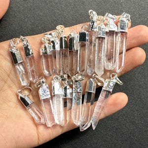 New Arrival Slender Rock Crystal Quartz Point Pendant with Electroplated Gold, Silver Natural Clear Crystal Size by Random (P85G54_10) image 6