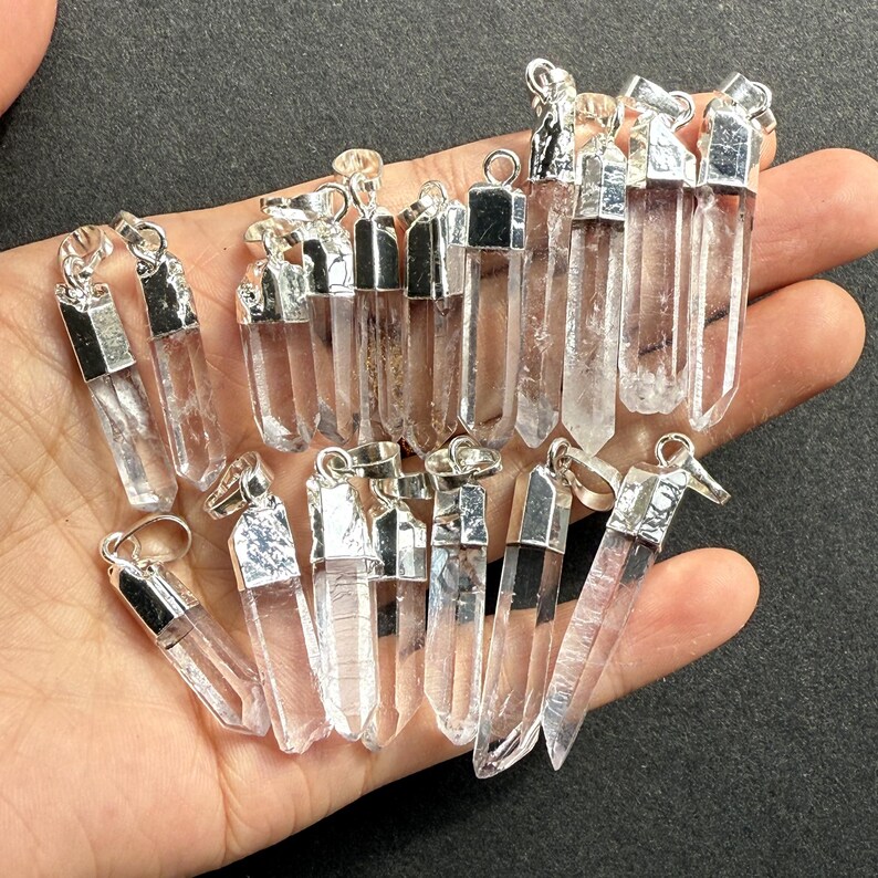 New Arrival Slender Rock Crystal Quartz Point Pendant with Electroplated Gold, Silver Natural Clear Crystal Size by Random (P85G54_10) image 6