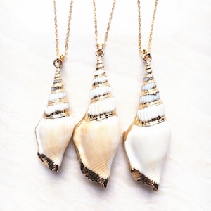 SALE Natural Beautiful Large Sea Shell Pendant - White Beige Conch Shells Beach Shell Pendant Necklace Electroplated in Gold (S81U21_23)