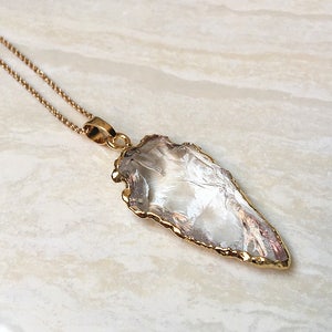 Super Large Rock Crystal Quartz Arrowhead Arrow Head Pendant Necklace Charm Electroplated in 24k gold, Silver Plated (S8_B17)