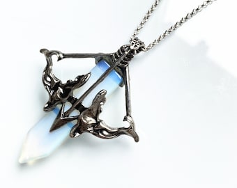New Arrowhead Crystal Quartz Point Pendant, Tibetan Silver Bow and Arrow Shaped with Quartz Points Pendant Necklace, 10 Gemstone for choose