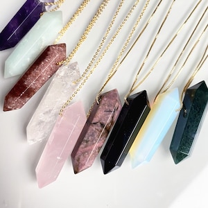 Gold Necklace, 9 Gemstone Quartz Chain, Large Healing Crystal Quartz Double Terminated Pencil Points Pendant Necklace, You can choose