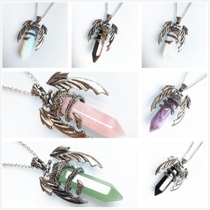 New Gragon Crystal Quartz Point Pendant, Tibetan Silver Healing Stone Quartz Points Pendant Necklace, 7 Gemstone for choose