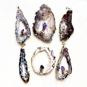 Super Large Natural Raw Amethyst Geode Agate Druzy Slice Pendants with Gold Electroplated B889