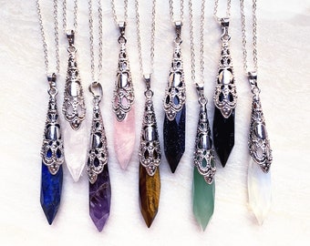 Natural 9 Gemstone Point Pendant Necklace // Faceted Healing Crystal Quartz Point Pendants with Silver Plated Metal Findings (P5S84-06)