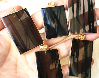 New Arrival!! Black Ice Obsidian Lace Rectangle Shaped Healing Crystal Pendant Charm with 24K gold plated (S8_B70)