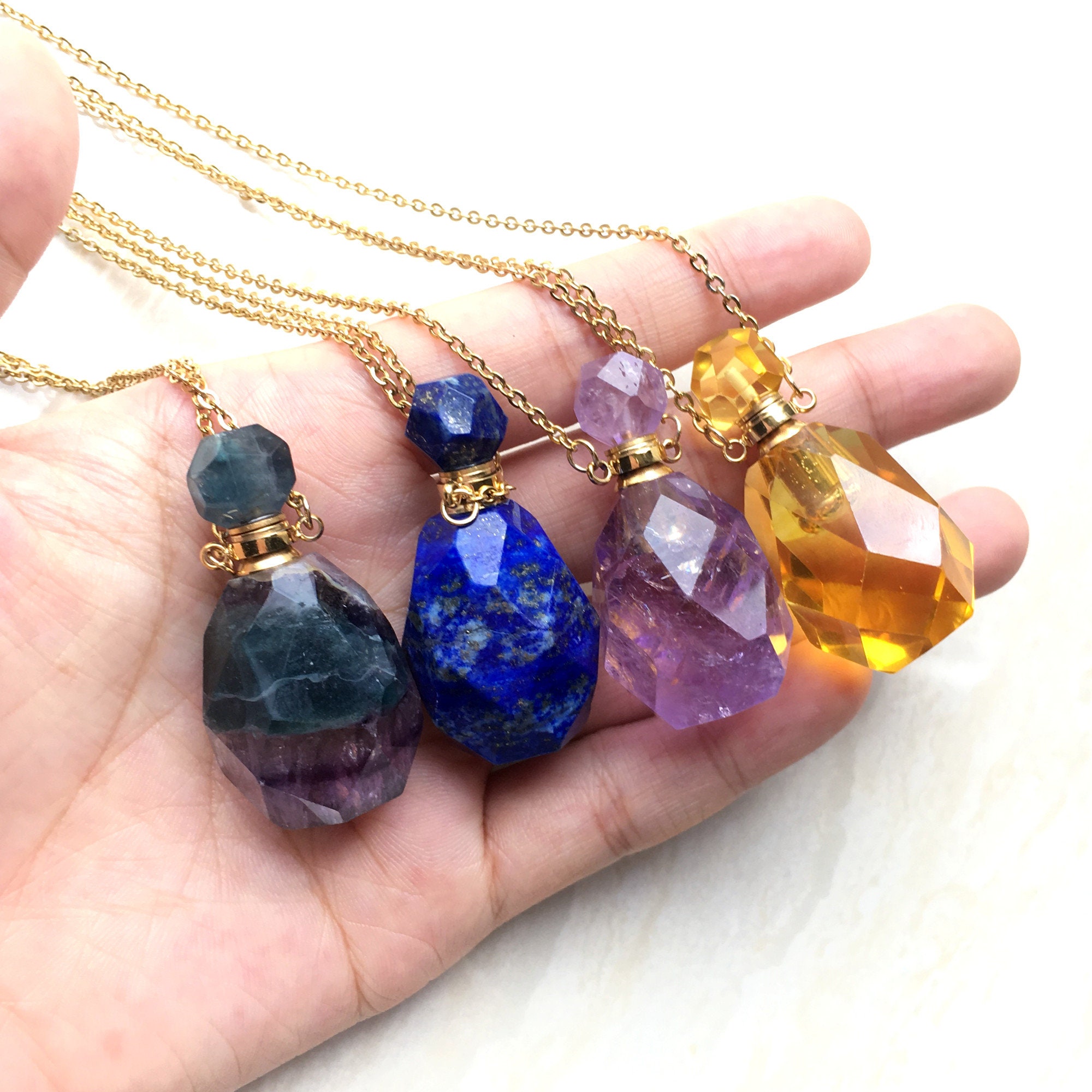 Faceted Perfume Bottle Pendant Necklace, Natural Gemstone Pendant, Ch…