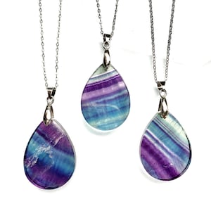 Teardrop Fluorite Pendant Necklace, Rainbow Fluorite Stone Slice Water droplets Healing Crystal Pendant Charm with Gold Bails, Silver Bails