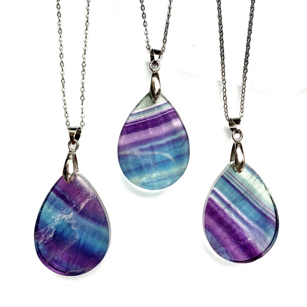 Teardrop Fluorite Pendentif Collier, Arc-en-ciel Fluorite Pierre Tranche Gouttelettes d’eau Healing Crystal Pendentif Charme avec Cautions en Or, Bails en Argent