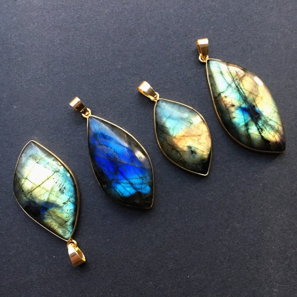 Natural Rainbow Labradorite Freeform Shaped Pendant - Gold Plated Labradorite Pendant Charm - All Beautiful Labradorite Stone