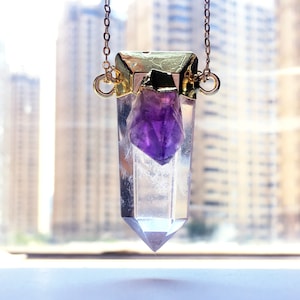 Large Rock Quartz Point Pendant with Amethyst, Healing Stone Crystal Quartz Point Double Bails Pendant Connector with Electroplated Gold