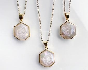 Angel Aura Quartz Geode Druzy Heptagon Necklace // Agate Druzy Heptagon Shaped Pendant with Gold Electroplated Bails