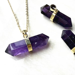 Polished Natural Amethyst Point Pendant Necklace - Amethyst Charm Pendant in a Gold Plated Bezel