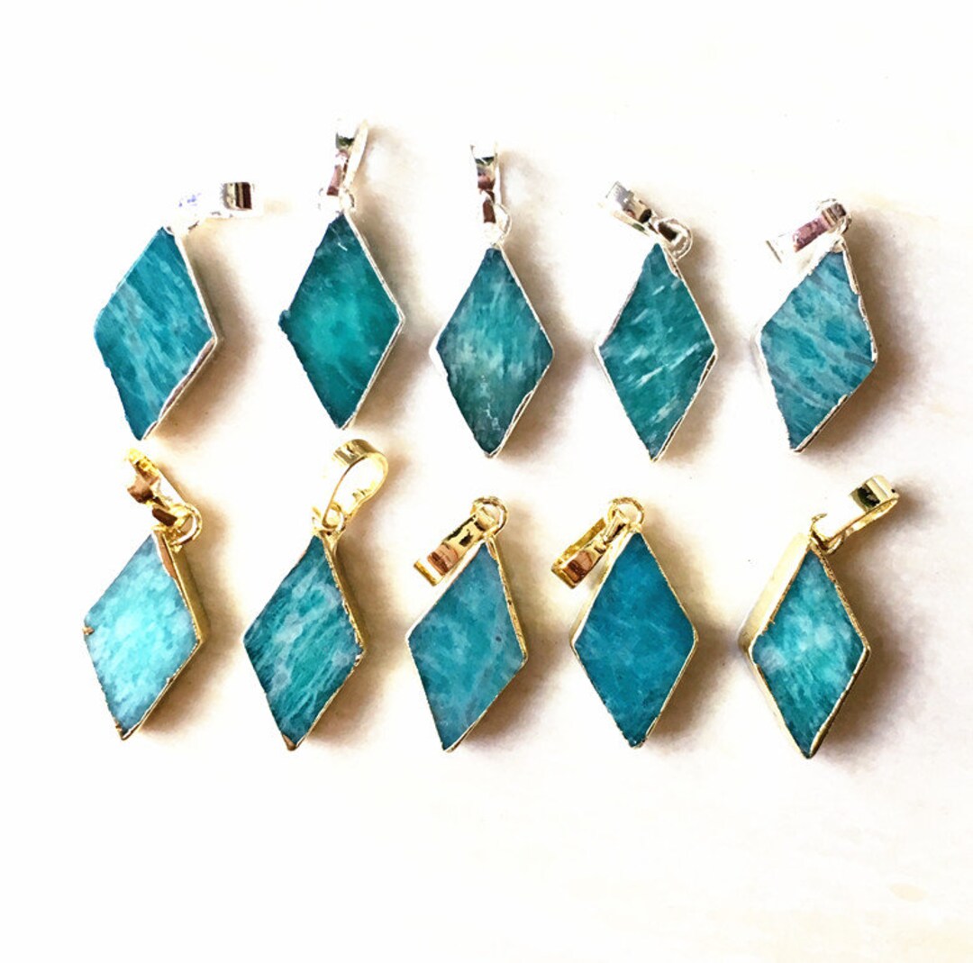 Natural Amazonite Crystal Pendant With Gold Electroplated Edges, Silver