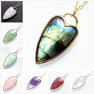 Ring with Long Heart LOVE Crystal Quartz Gemstone Pendant Necklace, Gold Electroplated Love Charm for Jewelry Making