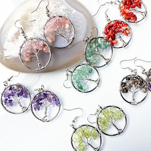 Tree Of Life Dangle Earring, Silver Circle Chakra earrings, earring for women, Natural Healing Crystal Quartz Gemstone tumbled earrings