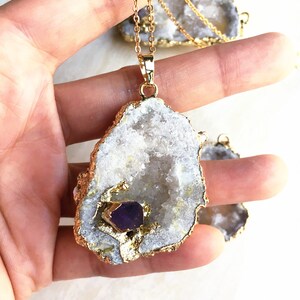 Large Amethyst Slice Druzy Double Bail Pendant with Electroplated 24k Gold Edge ASP S87b11-03