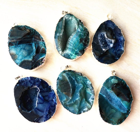 blue black Druzy geode Agate slice pendant stone EA1229
