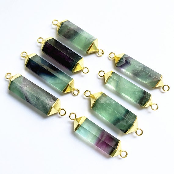 Rainbow Fluorite Stone Crystal Double Terminated Point Pendant Connector Druzy Electroplated Gold Bail B969